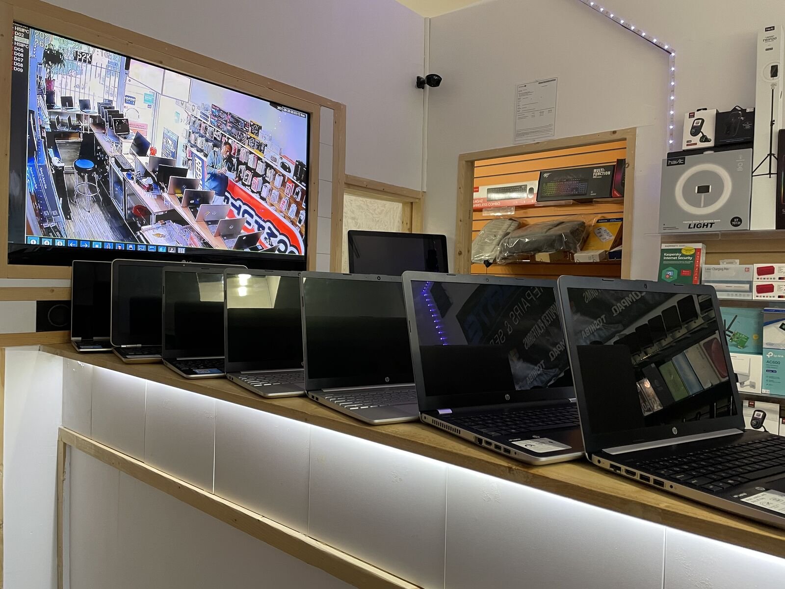 Repaired and refurbished laptops lined up at Tech Gate Computers in Windsor